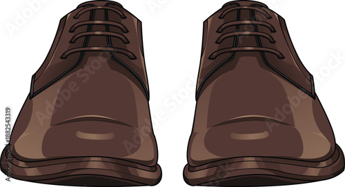 Front view vector illustration of a pair of men's brown leather formal shoes. Classic business footwear with laces isolated on white background. Standing position concept.