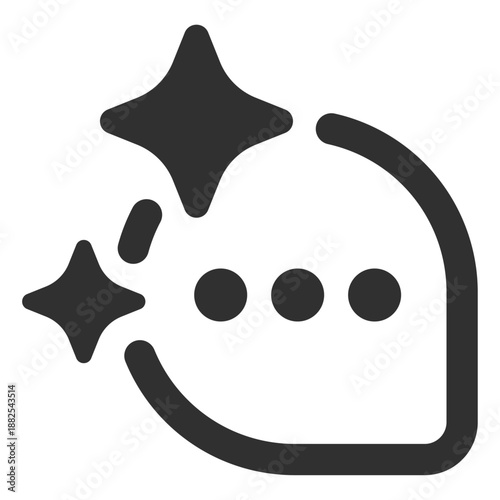 AI chat bubble icon with dots and stars. Symbol of intelligent messaging, automated smart replies, and artificial intelligence chatbots. Minimalist bold line vector for communication and support apps.