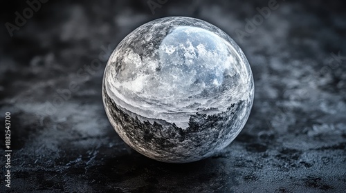 Polished hematite sphere reflecting a distorted muted landscape with a dark textured background