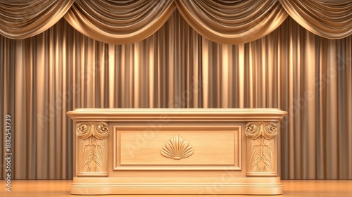 Polished wooden podium with ornate carvings and a seashell motif displayed behind draped curtains