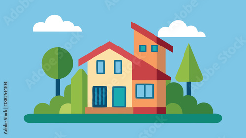 Colorful stylized illustration of a modern two-story residential house set against a bright blue sky