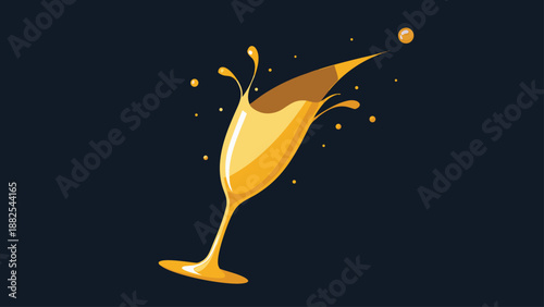 Stylized illustration of a champagne glass tipping over creating a dynamic golden splash effect