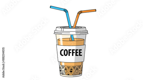 Iced coffee in a plastic cup with a sleeve and two colorful straws representing a shared beverage experience or couple goal.
