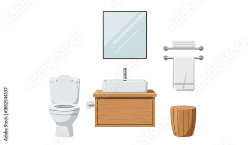 Modern bathroom interior vector illustration with white toilet and wooden sink