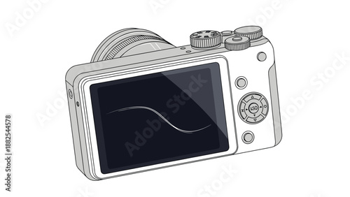 Digital camera back view illustration showing a large black screen and various control buttons for photography enthusiasts.