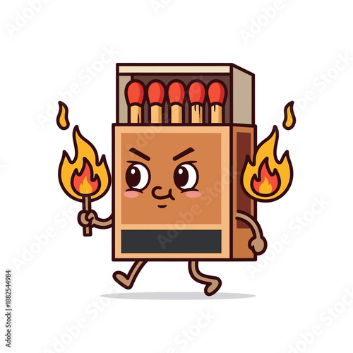Angry Matchbox Character Holding Burning Matches, Cartoon Illustration
