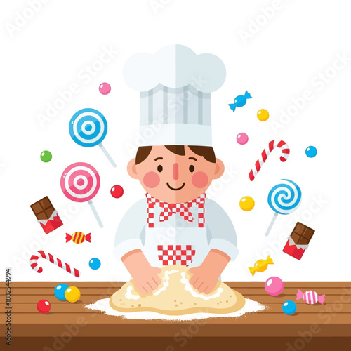 Cute cartoon chef making dough surrounded by colorful candy and lollipops