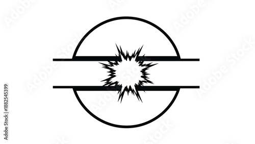 Abstract black and white graphic showing a bright starburst or flash inside a split circle and horizontal lines theme.