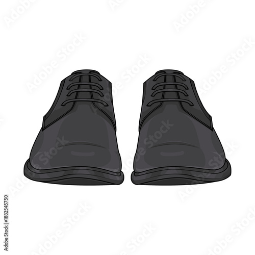 Front view vector illustration of a pair of men's black leather formal shoes. Classic business footwear with laces isolated on white background. Standing position concept.