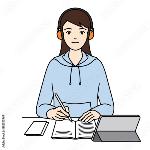 聴覚過敏用イヤーマフを使用して真剣に勉強に取り組む女性