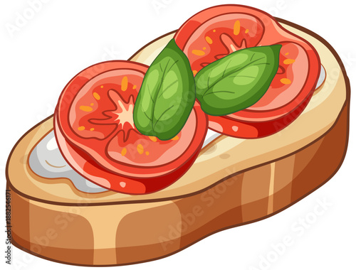 Vector Illustration of Tomato and Basil Bruschetta on Toasted Bread