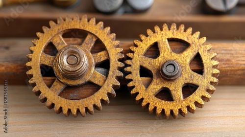 Two interlocking golden clockwork gears made of brass with a wooden background representing mechanical engineering and intricate mechanisms