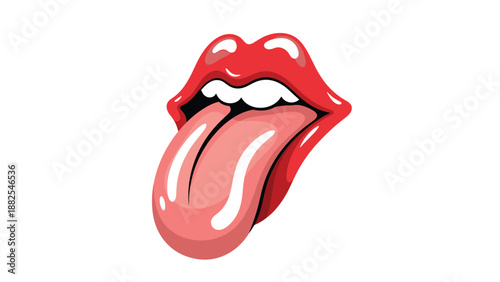 Iconic red lips and white teeth with a long pink tongue sticking out in a classic rock and roll style pose on white background.