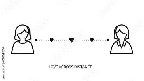 Love across distance concept illustration with people and hearts.