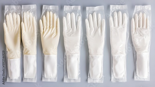 Sterile surgical gloves individually packaged and laid out in a row