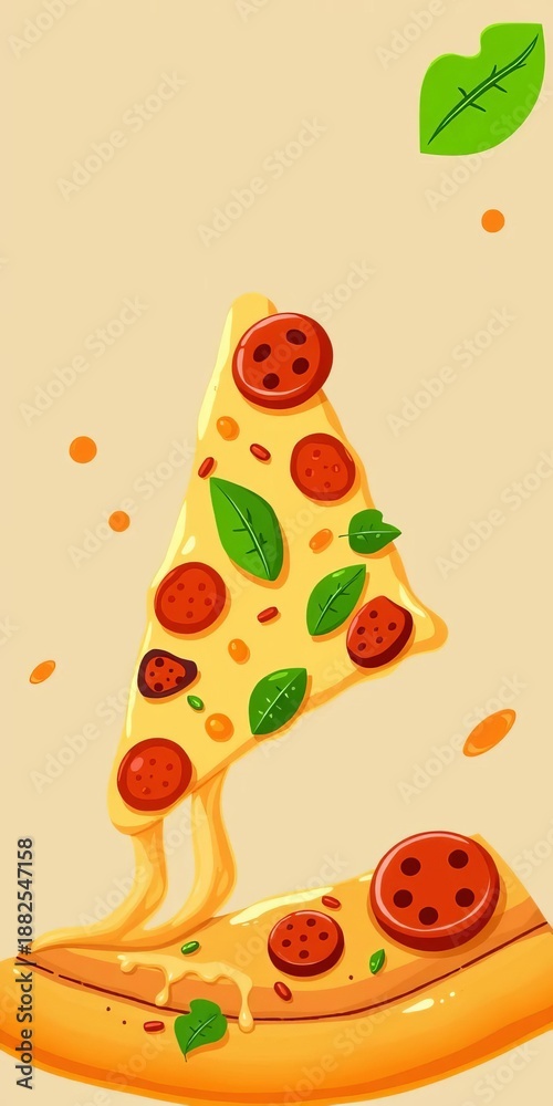 Naklejka premium Stylized pizza slice illustration with vibrant toppings, perfect for food blogs or menus, design, art