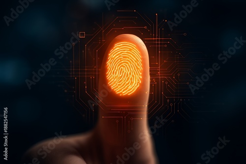 Orange glowing fingerprint scanner digital technology security data identification access system cyber biometric innovation futuristic personal privacy identity network concept security authentication