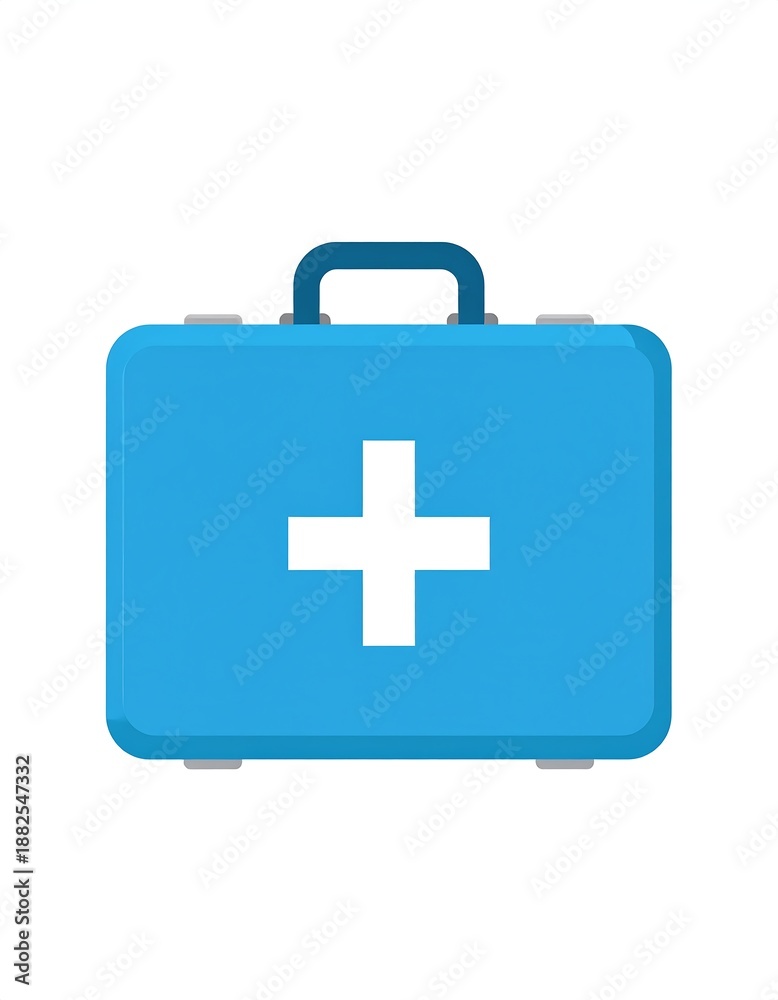 Fototapeta premium A flat illustration of a blue, rectangular first aid kit with a white cross on it, handle on top