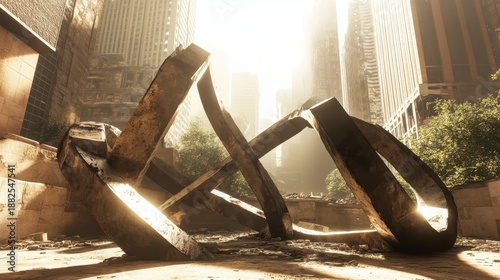 Twisted metal girders forming abstract sculptures in a ruined urban city with sunlight streaming through buildings