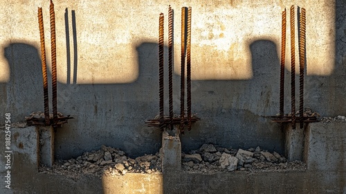 Twisted rebar protruding from fractured concrete foundation during construction