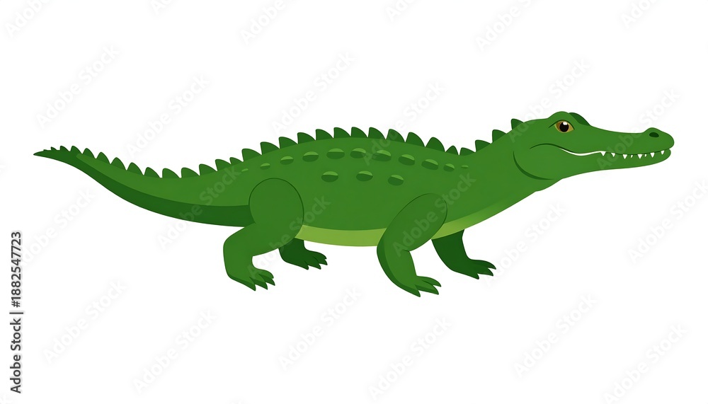 Obraz premium A flat illustration of a green reptile, featuring a long body with spiky dorsal scales, short legs, and a wide mouth
