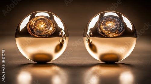 Two polished gold metallic spheres reflecting distorted terrestrial imagery with warm light