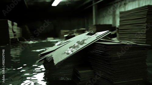 Waterlogged stacks of paper and cardboard damaged in a dark industrial storage facility