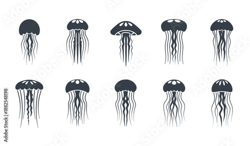 Minimal jellyfish flat vector icon set isolated on transparent background