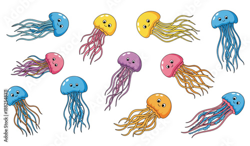 Cute jellyfish flat cartoon vector set isolated on transparent background
