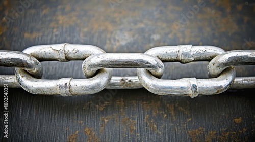 Interlocking metallic chains of varying thickness and texture displaying strength and connection against a rough surface