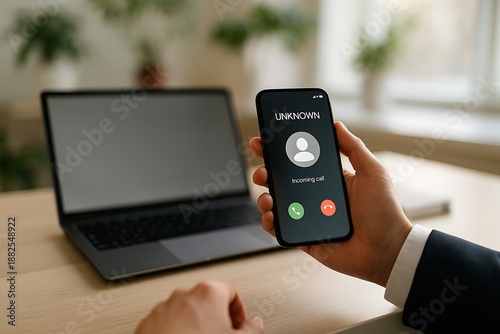 Man holding smartphone displaying unknown incoming call beside laptop on wooden desk in bright modern office workspace with blurred background indoor technology communication concept 