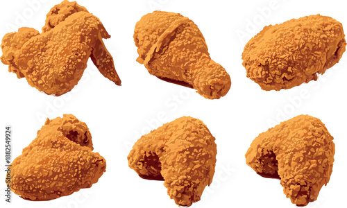 Realistic crispy fried chicken vector set featuring golden drumsticks and wings isolated on white background for fast food restaurant menu and takeaway snack packaging design.