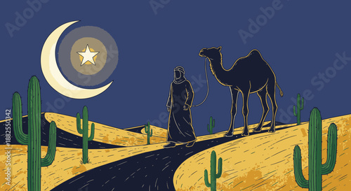 A lone traveler guides their camel through a vast desert landscape under the watchful glow of a crescent moon and bright star at night.