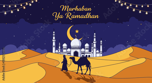 A serene desert night scene featuring a majestic mosque under a crescent moon, with a traveler and camel, celebrating the spirit of Ramadan.