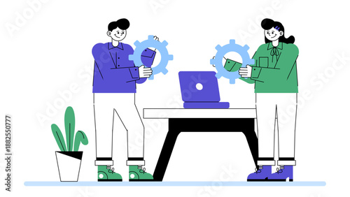 Two colleagues working together to align gears representing company synergy and mechanical efficiency