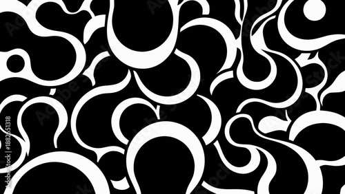 A black and white illustration of various rounded shapes and lines forming a complex pattern.