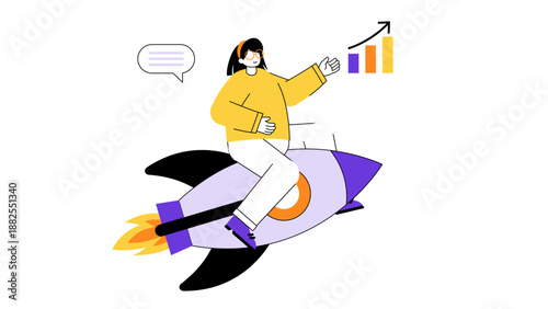Dedicated woman steering a rocket towards upward growth charts representing a fast paced startup launch and rapid scaling