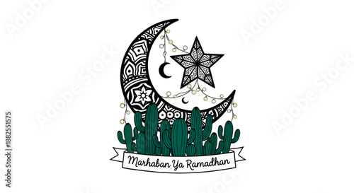 A decorative crescent moon and star, intricately patterned with string lights, rises from green cacti, symbolizing Marhaban Ya Ramadhan.