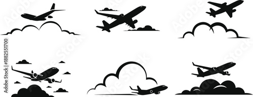 Set of Minimalist black airplane flying over a cloud silhouette vector icon