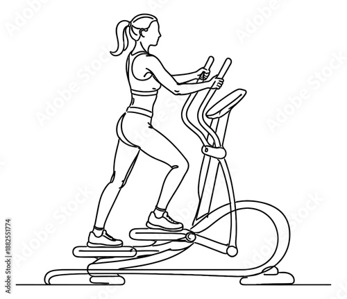 Hand drawn line art illustration of a woman on an elliptical trainer depicting exercising for fitness and wellness activities