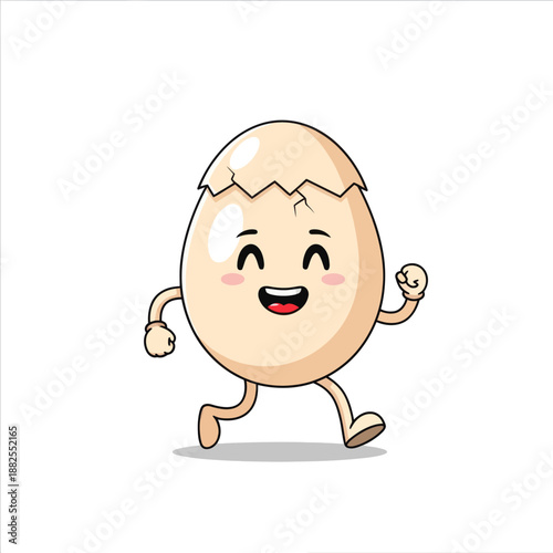 Happy Cartoon Egg Character Running with Joy, Cracked Shell