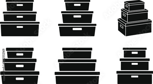 Set of Minimalist black silhouette of three stacked storage boxes vector icon
