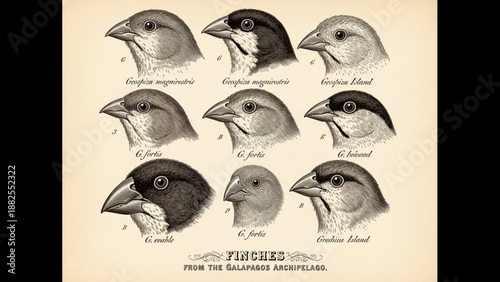 Variety of finch birds from galapagos archipelago illustration