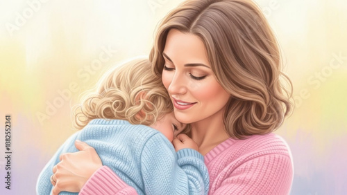 Mother hugging child warmly in soft light background