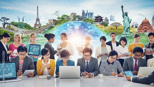Diverse group working with laptops and devices globally connected