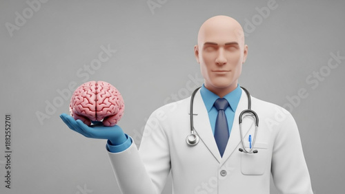 Doctor holding human brain in hand with stethoscope