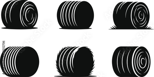Set of Minimalist black round hay bale in the field silhouette vector icon