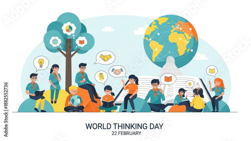 People celebrate world thinking day with globe and tree