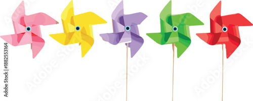 Set of colorful toy pinwheels vector illustration isolated on white background for summer festivals, children party decoration, and wind energy concepts.