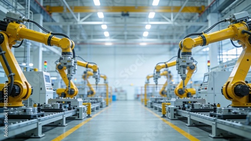 Factory production line with robotic arms